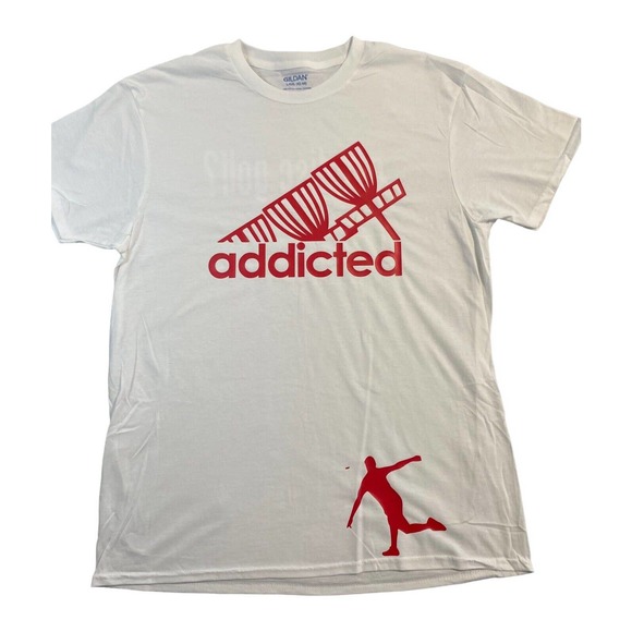 Disc Golf Shirt ADDICTED Basket Red Logo L Graphic T-Shirt Gildan White - Picture 10 of 10